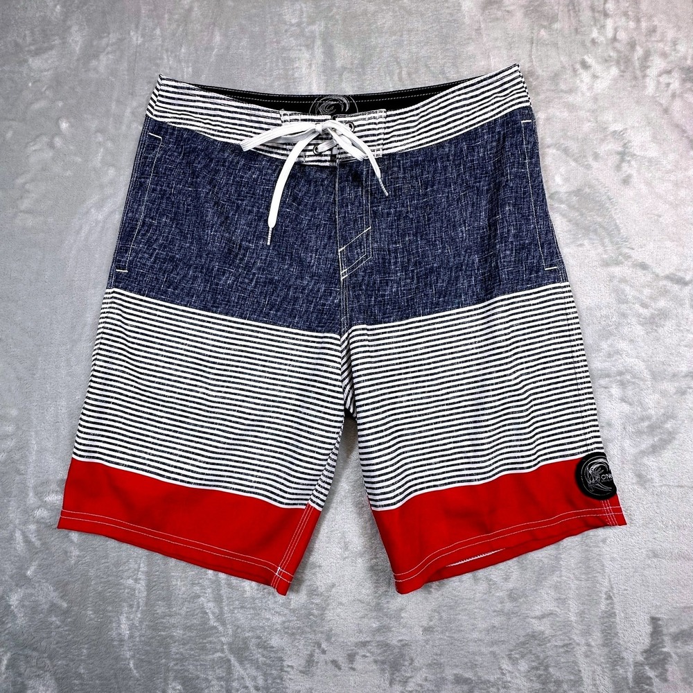 O'Neill Board Shorts Mens 32 Blue White‎ Red Striped Hyperfreak Swim Trunks